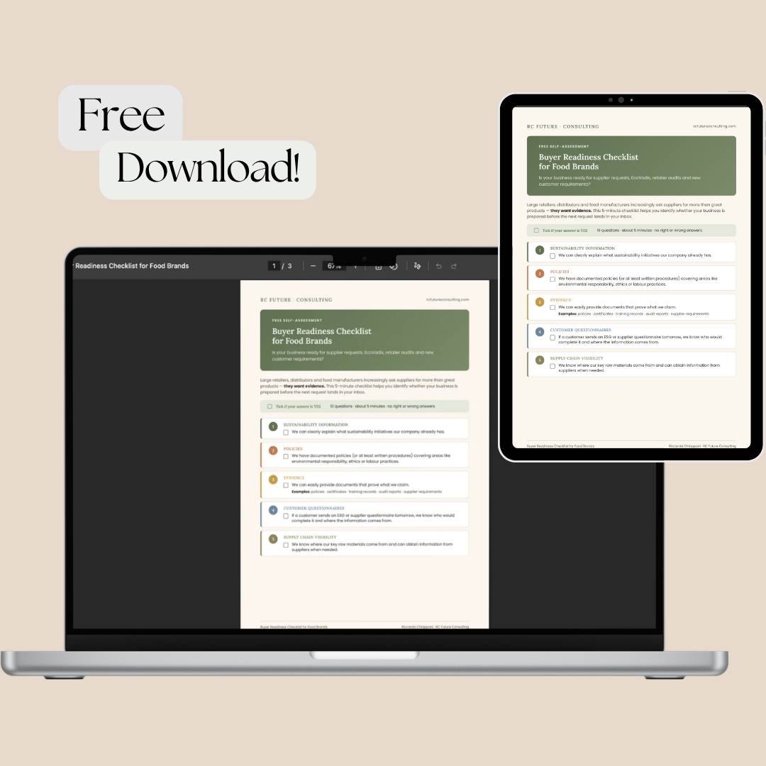 Preview of the Buyer Readiness Checklist helping food businesses prepare for EcoVadis, supplier questionnaires and retail conversations.
