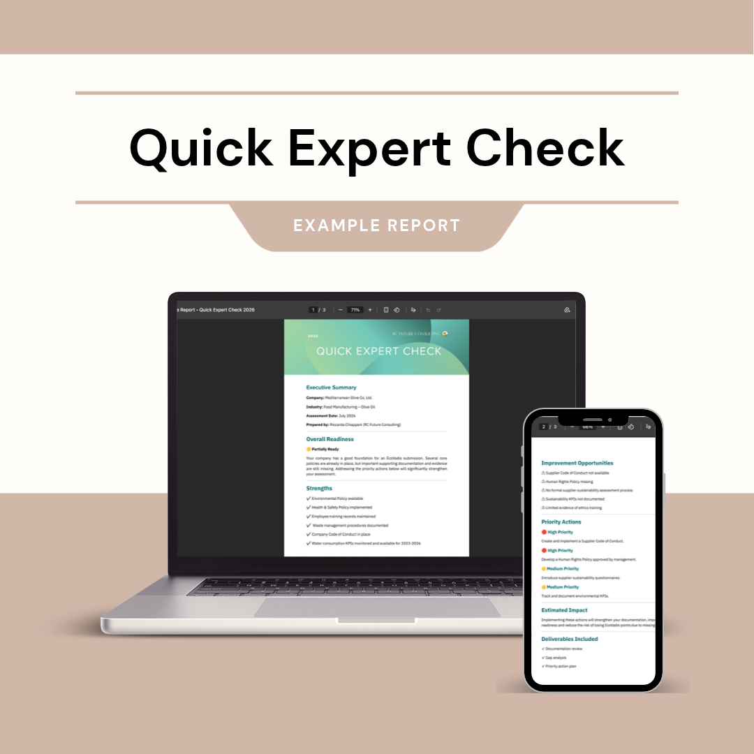 Sample EcoVadis Quick Expert Check report showing strengths, improvement opportunities and priority actions for companies across all industries