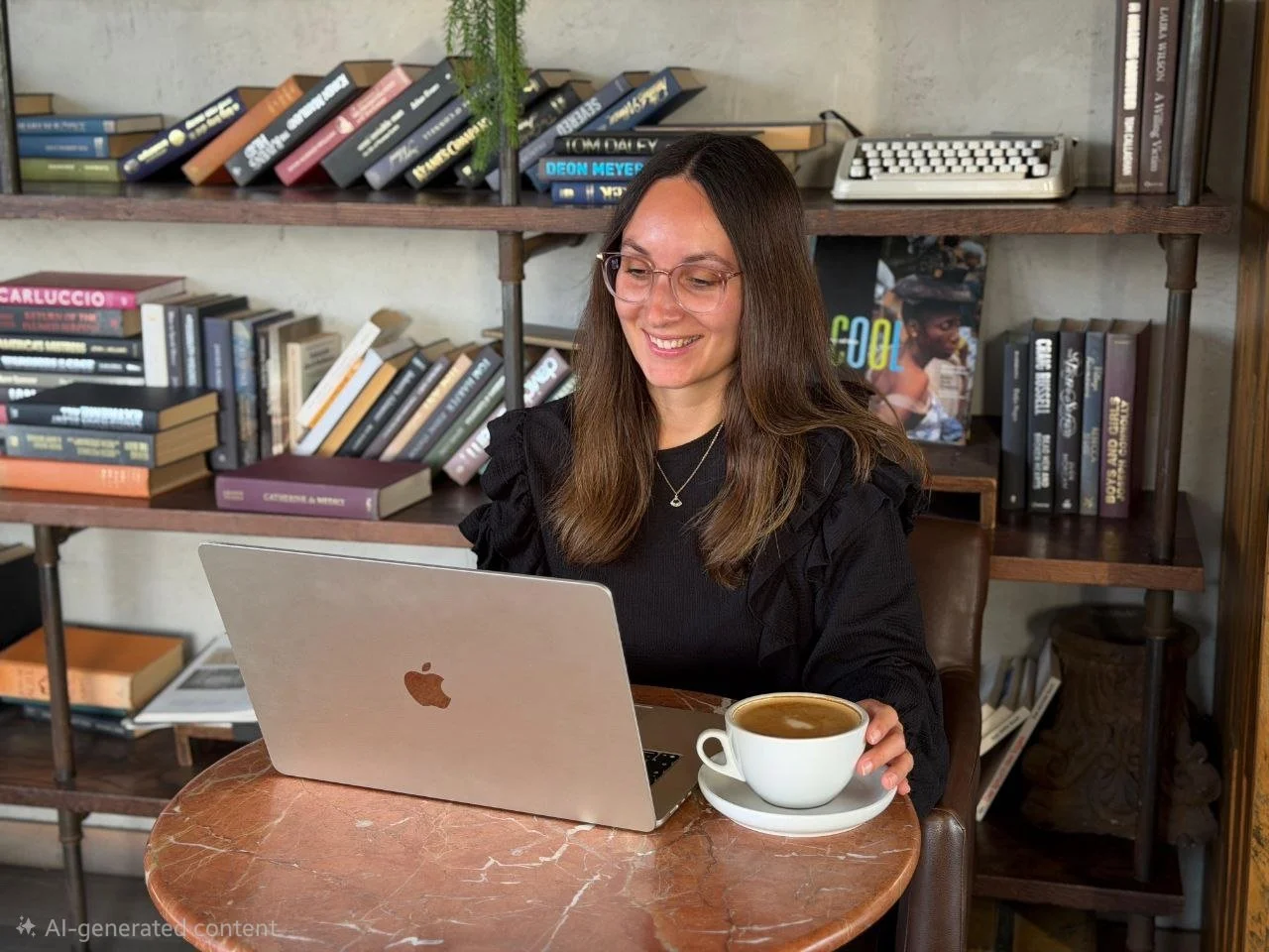 Eine junge Frau mit Brille sitzt an einem runden Marmortisch, arbeitet an einem MacBook und hält eine Tasse Kaffee in der Hand. Im Hintergrund Regale voller Bücher und ein altes Schreibmaschine.