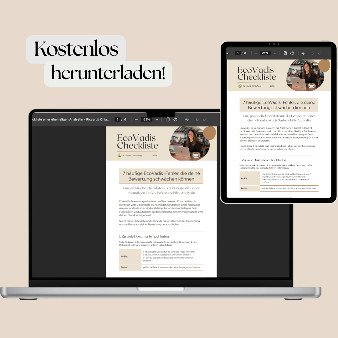 Vorschau der kostenlosen EcoVadis Checkliste für Unternehmen zur Vorbereitung auf die EcoVadis-Bewertung und Vermeidung von 7 häufigen Fehlern.