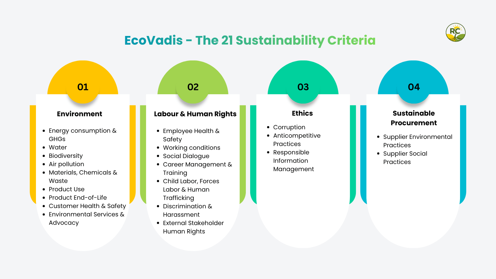 Diagram showing the 21 Ecovadis Sustainability Criteria overview