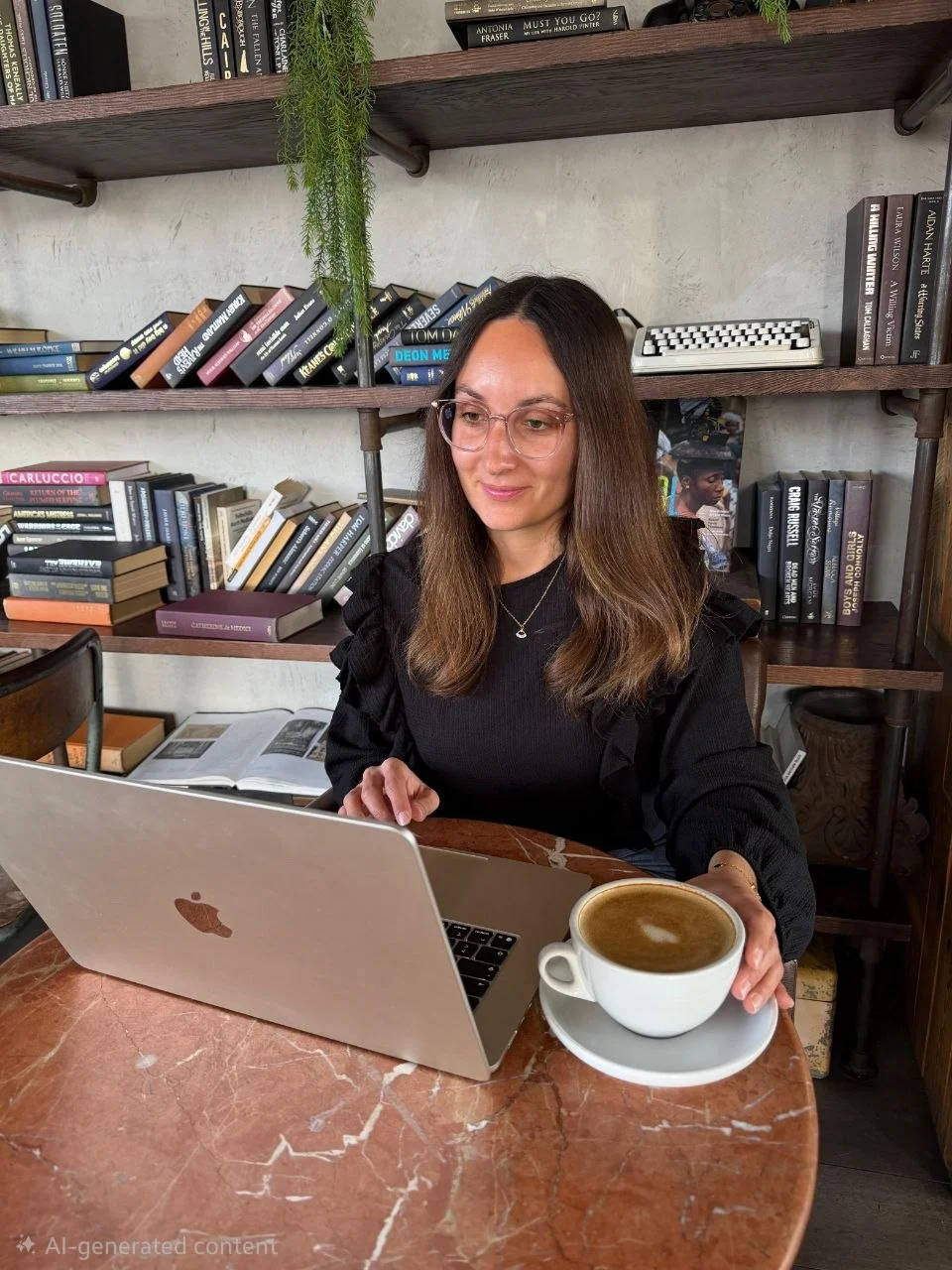 Eine Frau arbeitet an einem Laptop in einem Café. Auf dem Tisch steht eine Kaffeetasse mit Kaffee. Im Hintergrund sind Bücherregale mit Büchern und einem Kassettenrekorder.