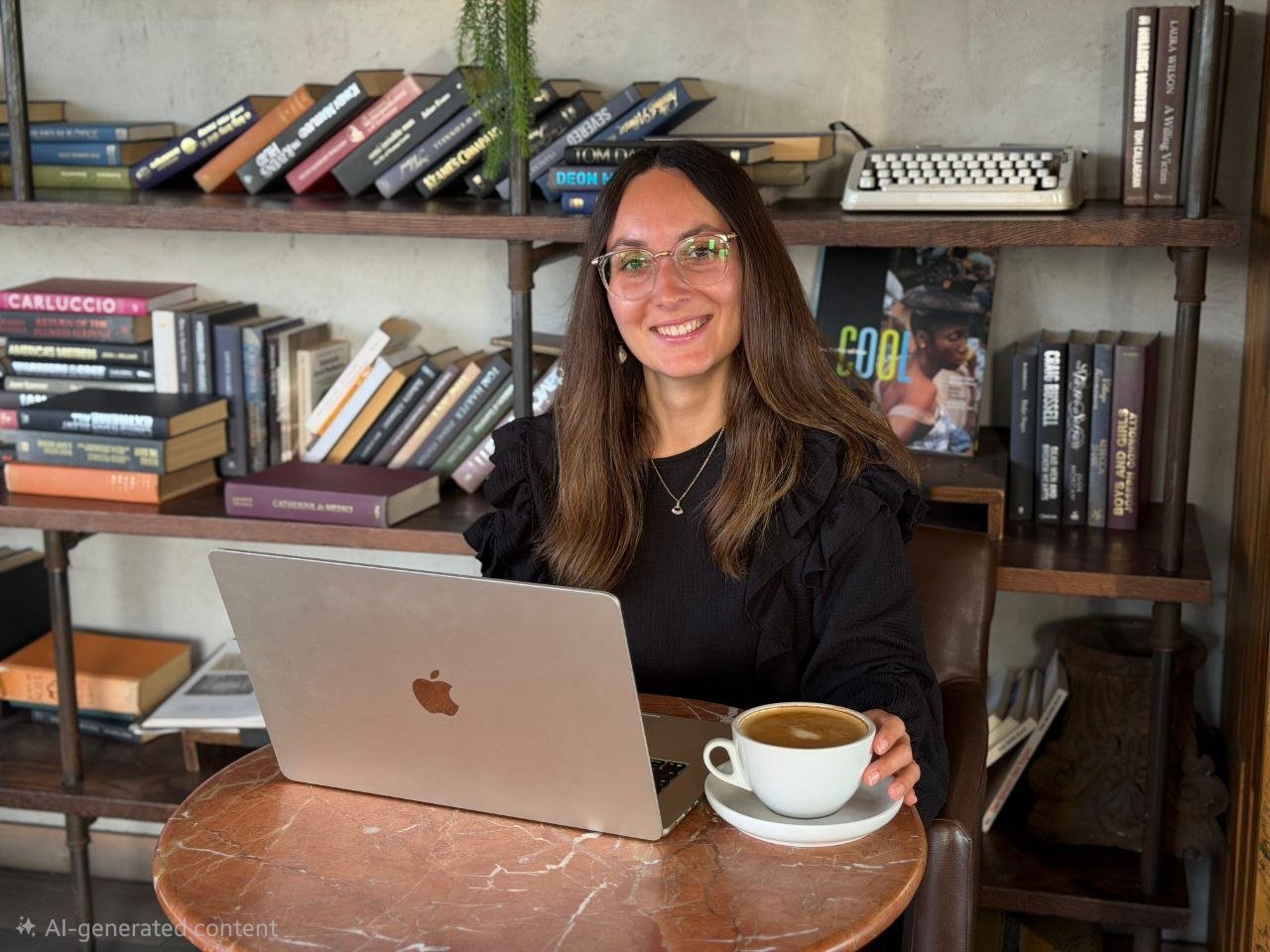 Frau sitzt an einem runden Tisch mit MacBook und Tasse Kaffee, im Hintergrund Bücherregal mit Büchern und einem Computer.