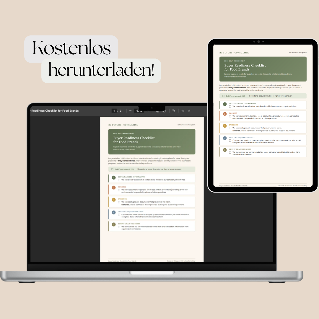 Vorschau der kostenlosen Buyer Readiness Checkliste für Lebensmittelunternehmen zur Vorbereitung auf EcoVadis, Lieferantenanforderungen und Gespräche mit Händlern.