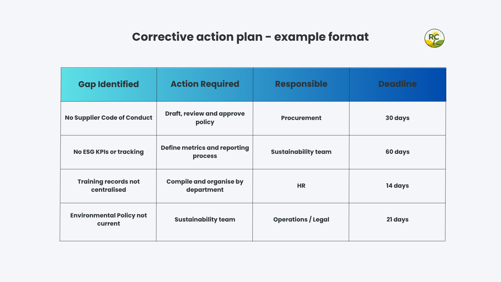 Example format for a corrective action plan for the Ecovadis assessment