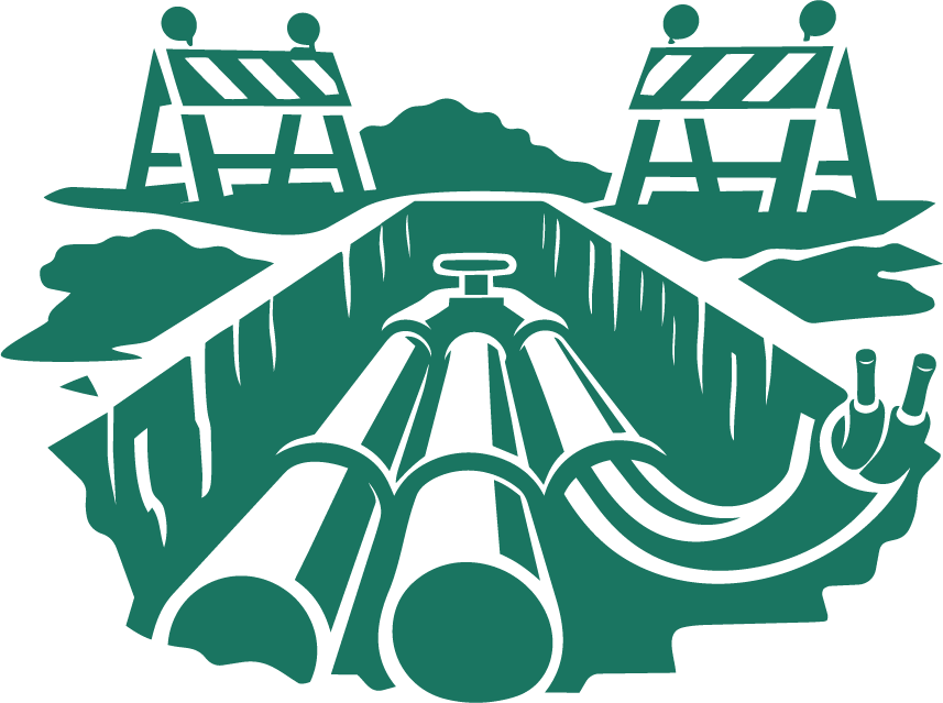 Illustration of oil drilling pipes and equipment underground, with road barriers and construction signs above ground indicating a construction or drilling site.