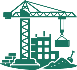 Construction crane lifting a load at a building site with a partly built structure and construction tools nearby.