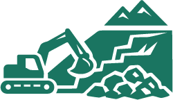 Illustration of construction equipment, including a bulldozer and mountain with rocks.