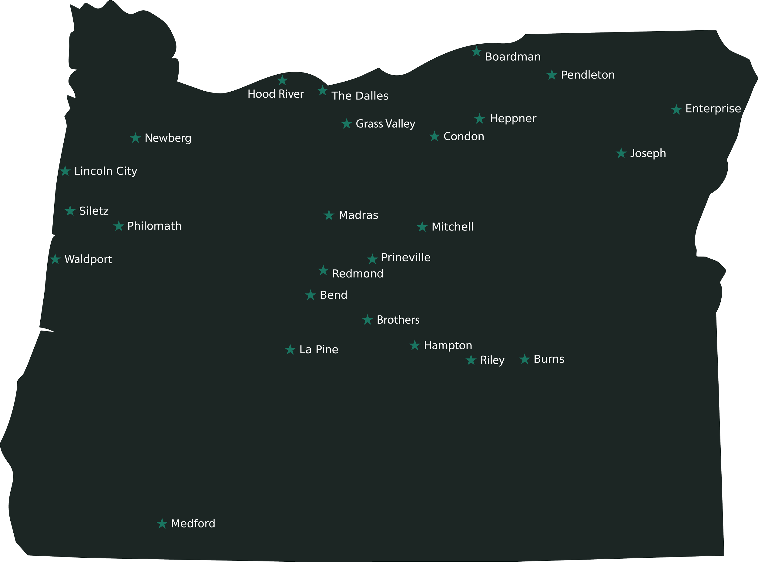 Map of Oregon with city names marked by teal stars, including Portland, Salem, Eugene, and Medford.
