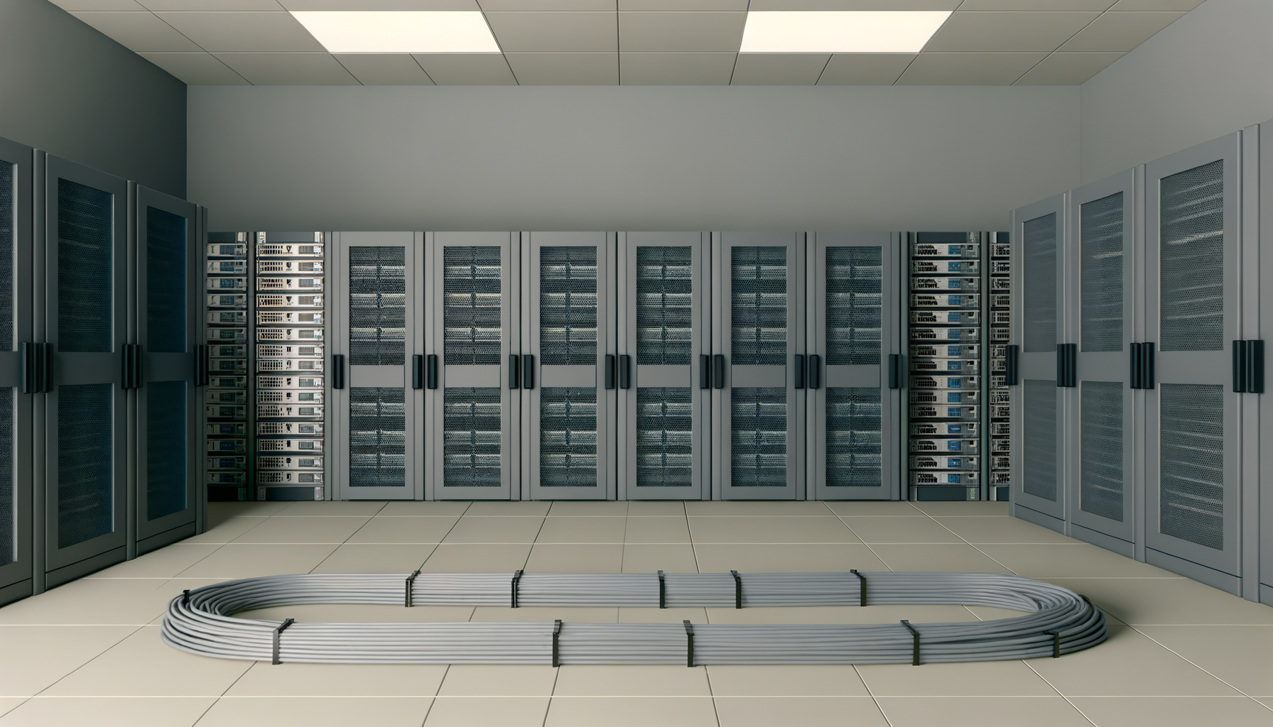 A server room with multiple gray cabinet servers and network racks, a bundle of Ethernet cables on the floor, and tiled flooring under a ceiling with fluorescent lights.