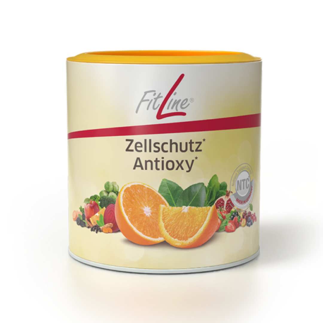 Container of FitLine Zellschutz Antoxy supplement with images of oranges and mixed berries on the label.