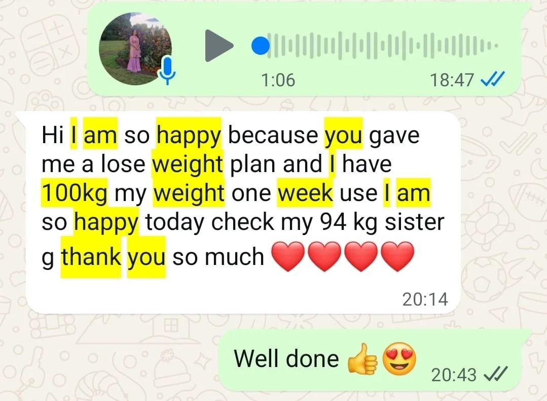 A WhatsApp conversation showing a voice message followed by a text message from someone expressing happiness about losing weight and checking their sister's weight; the reply says "Well done" with thumbs up and heart eyes emojis.