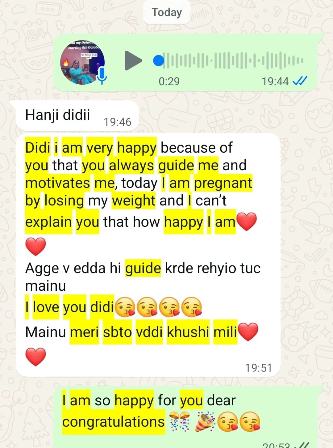 WhatsApp conversation with voice message, with highlighted text expressing happiness, love, and congratulations, including emojis and Hindi phrases.