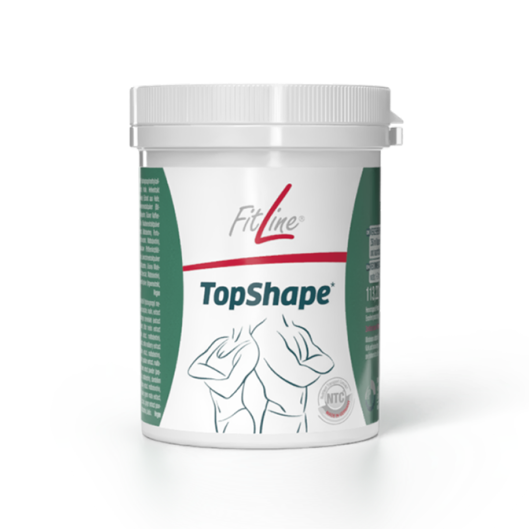 Container of FitLine TopShape dietary supplement, white with green and red accents, featuring a line drawing of a person with a fit figure.