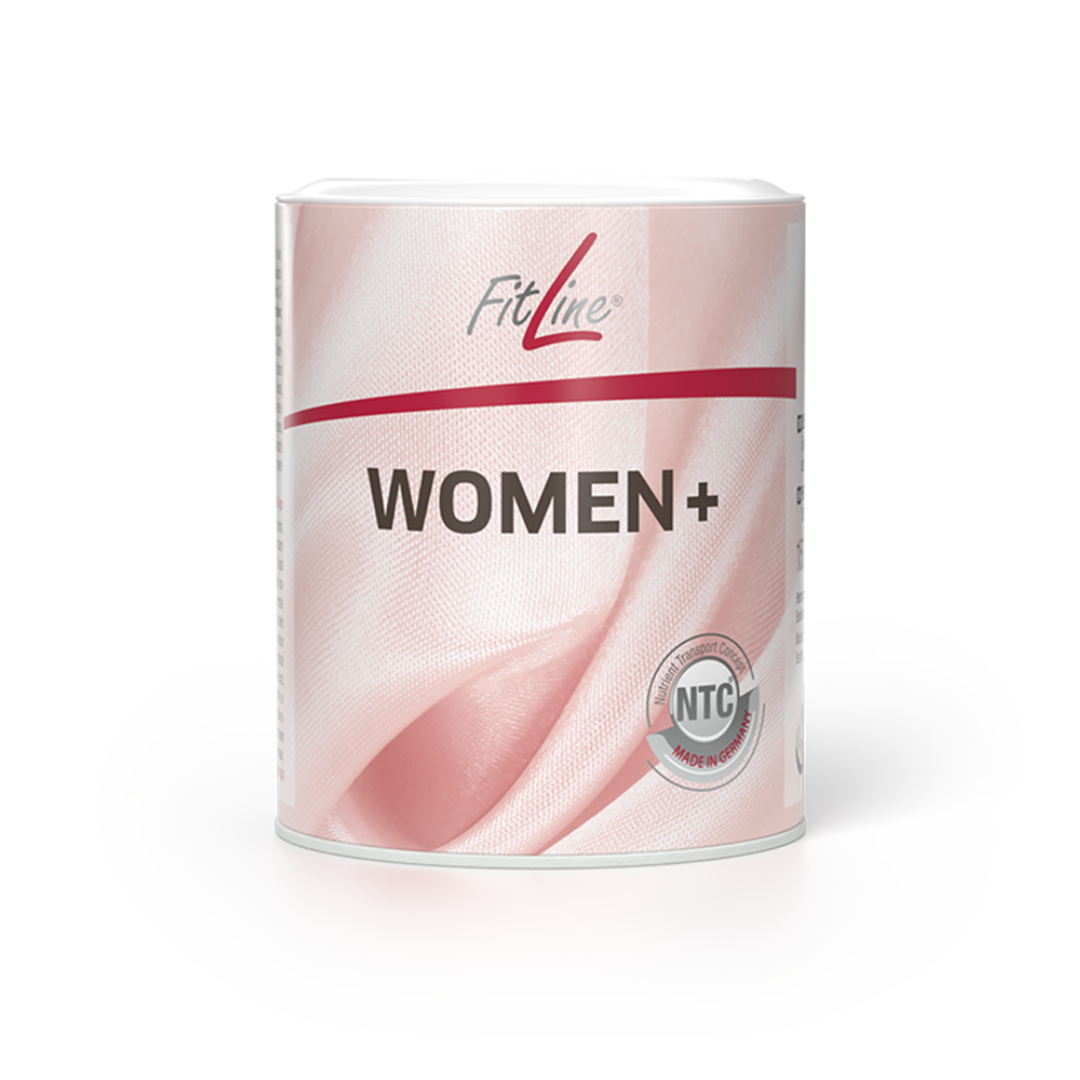 Can of FitLine Women+ nutritional supplement with pink fabric background and package design.