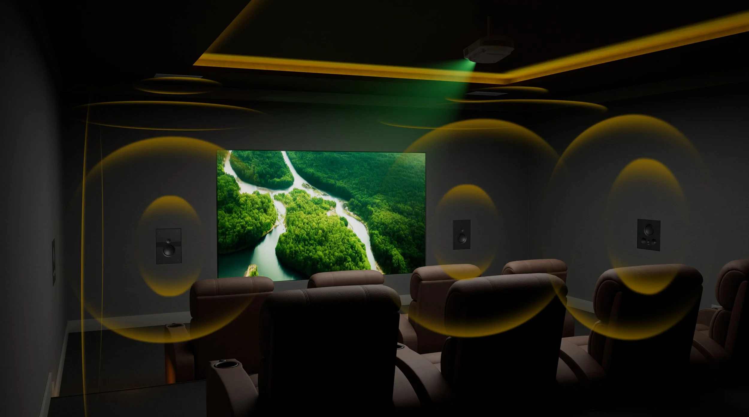 A home theater room with a large screen displaying an aerial view of winding rivers through lush green forests, surrounded by reclining chairs and mounted speakers.