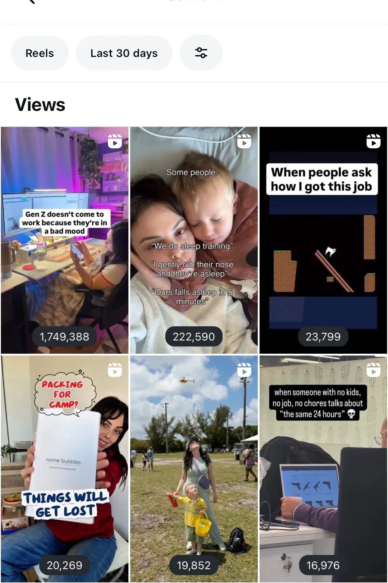 Screenshots of social media videos with captions about family life, sleep training, job origins, lost items, and daily routines.