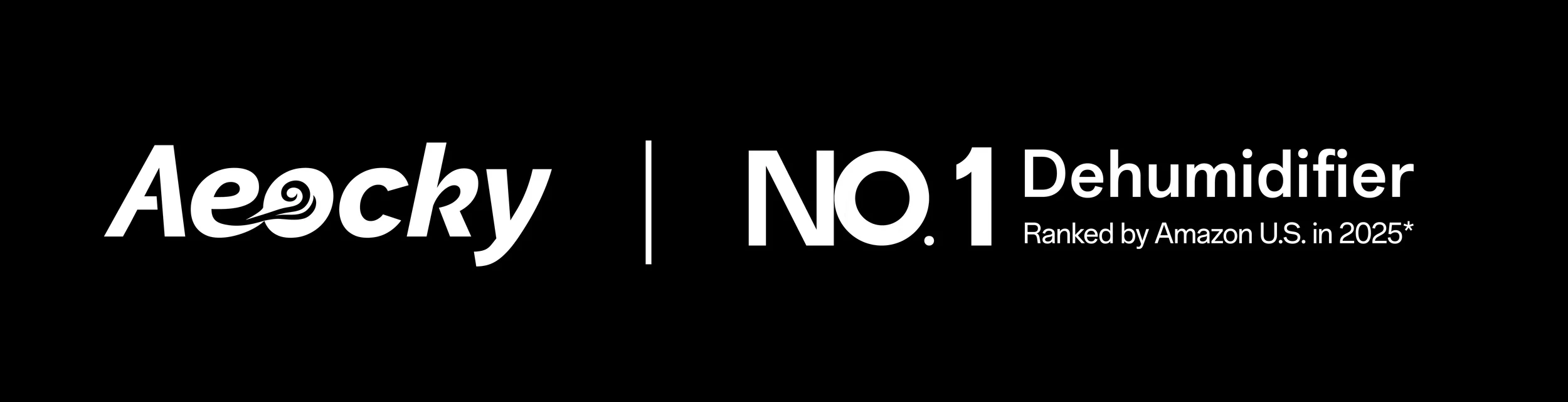 A black and white digital graphic with the text 'Aecky No.1 Dehumidifier Ranked by Amazon U.S. in 2025*' and a stylized swirl design inside the letter 'a'.