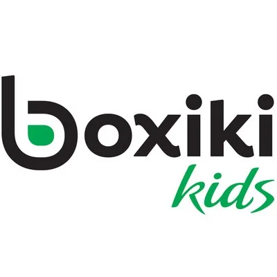 Logo for Boxiki Kids in black and green text with a stylized letter B.