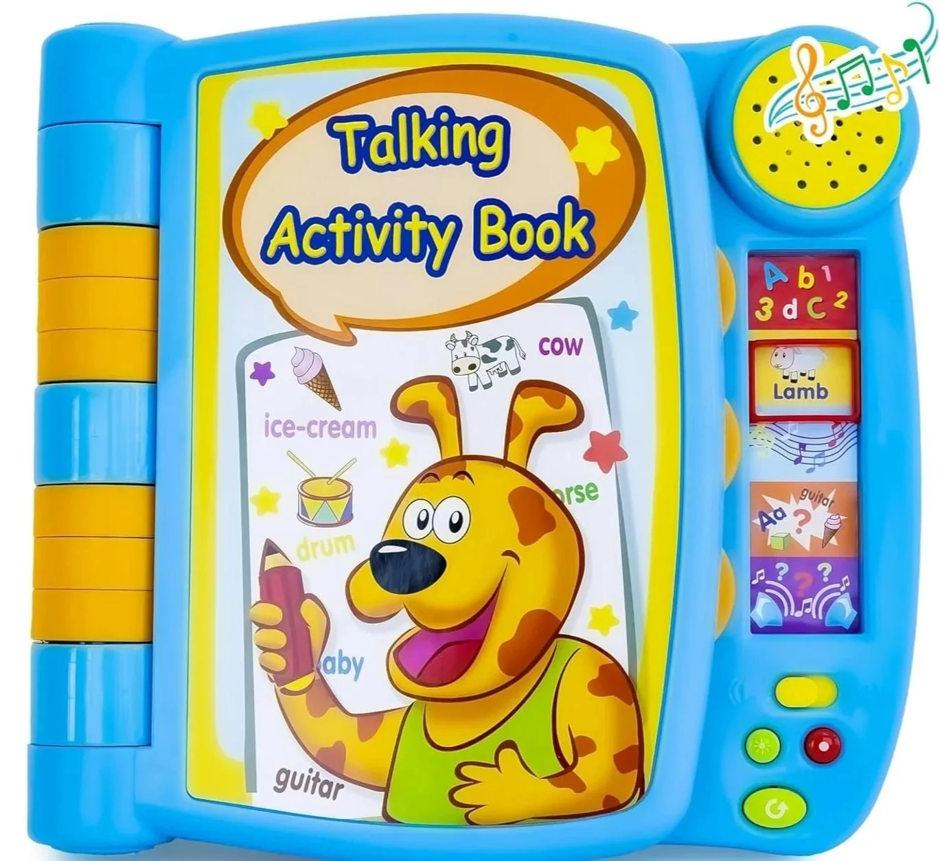 Colorful talking activity book featuring cartoon dog on the cover, with buttons on the side and musical notes indicating sound and music features.