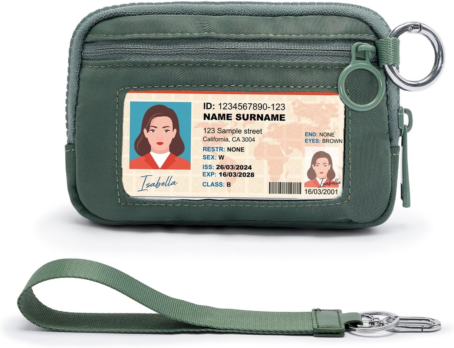 A green portable identification badge holder with a matching strap and a metal clip, displaying a mock ID card with a female avatar, personal details, and a barcode.
