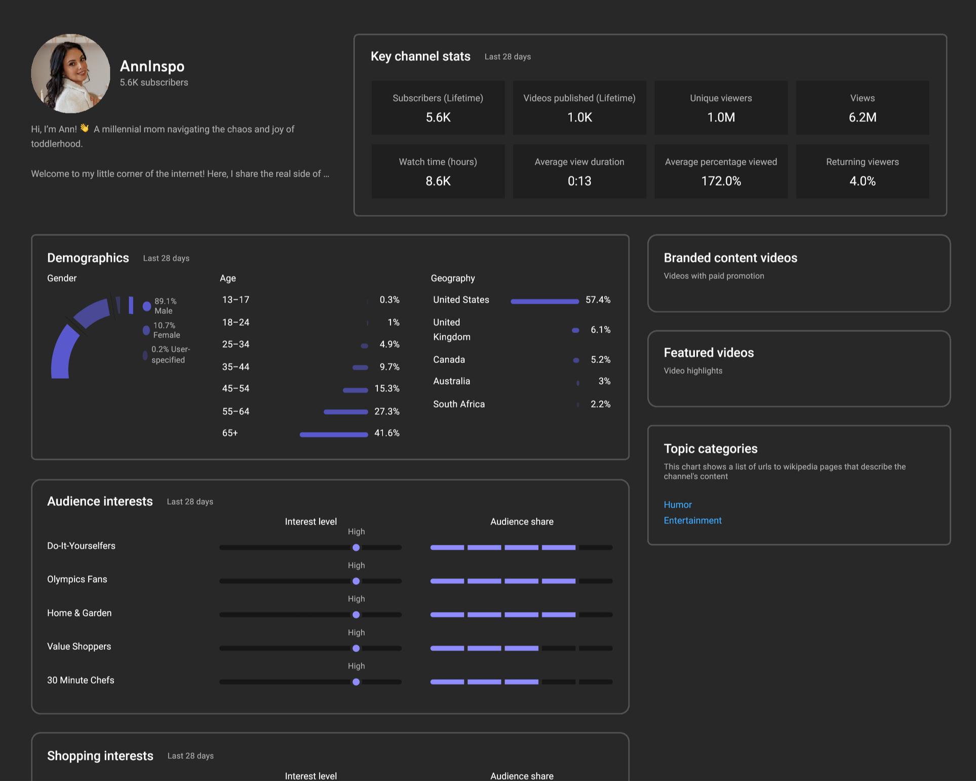 Screenshot of a YouTube analytics dashboard showing channel statistics, demographics, branded content, viewer interests, and shopping interests.