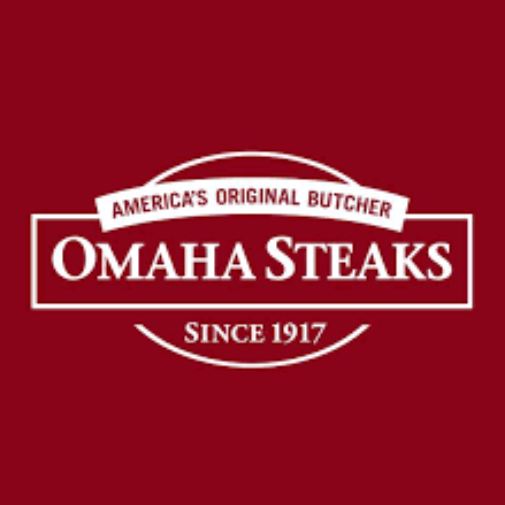 A logo with a maroon background that reads 'Omaha Steaks since 1917,' indicating a brand known for premium steaks and meats.