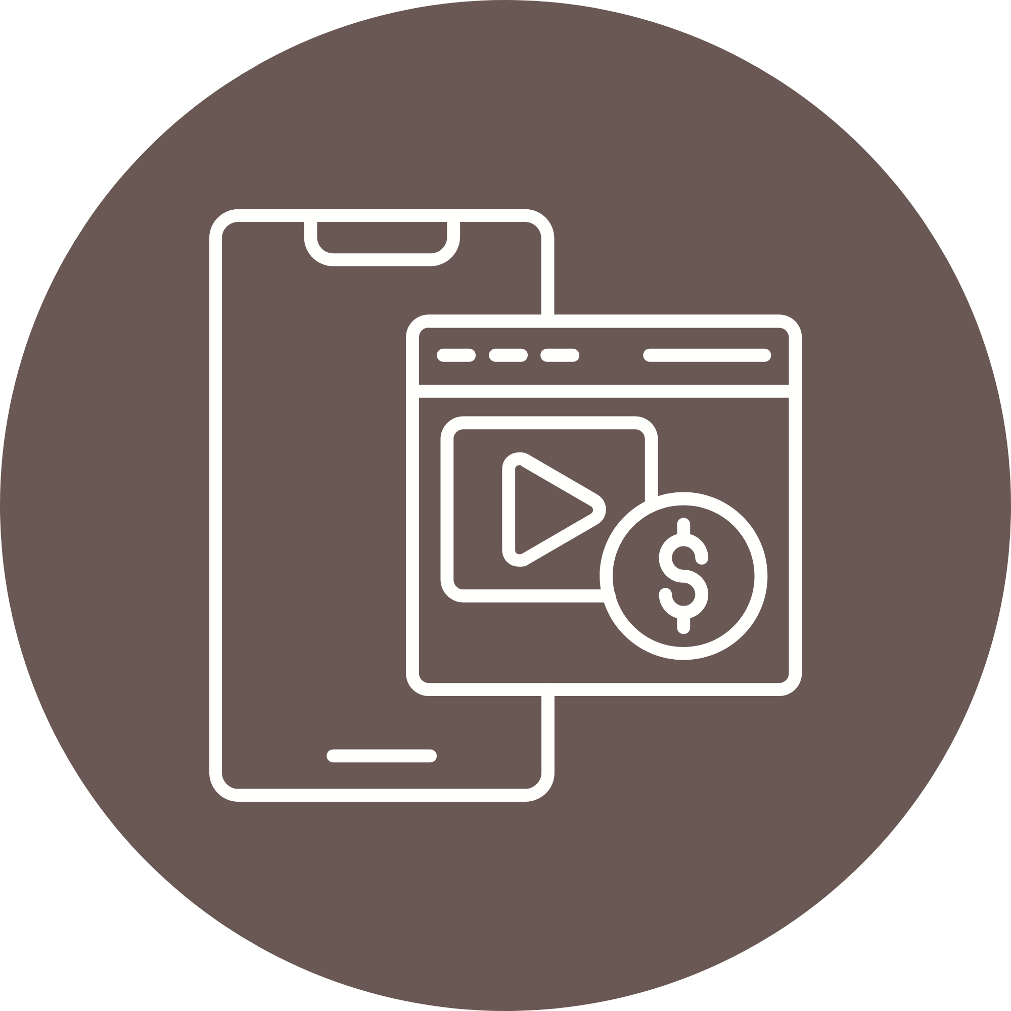 Outline icons of a smartphone, a wallet, a credit card, and a coin with a dollar sign, on a brown circular background.