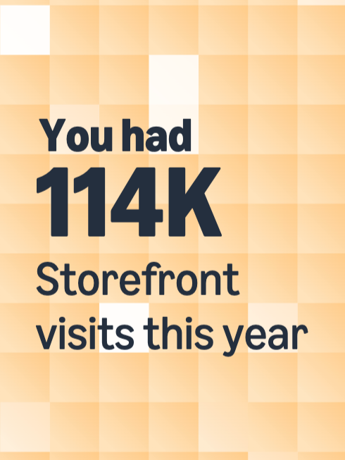 Text on a pixelated orange and beige background that reads: 'You had 114K Storefront visits this year.'