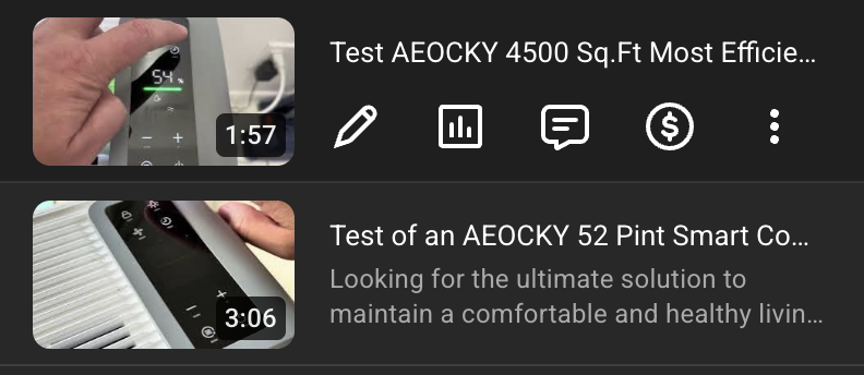 Two video thumbnails showing electronic devices. The first thumbnail depicts a hand adjusting a thermostat or control panel displaying 54 degrees. The second thumbnail shows a hand near a white appliance, possibly an air purifier or heater, with a control panel.