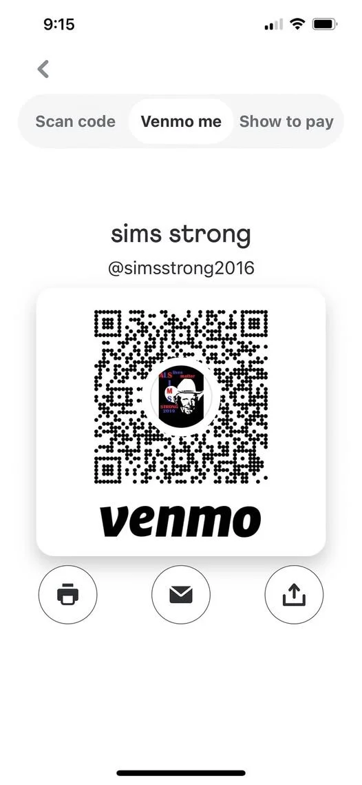 Screenshot of a Venmo QR code with the username 'sims strong' and related profile picture.
