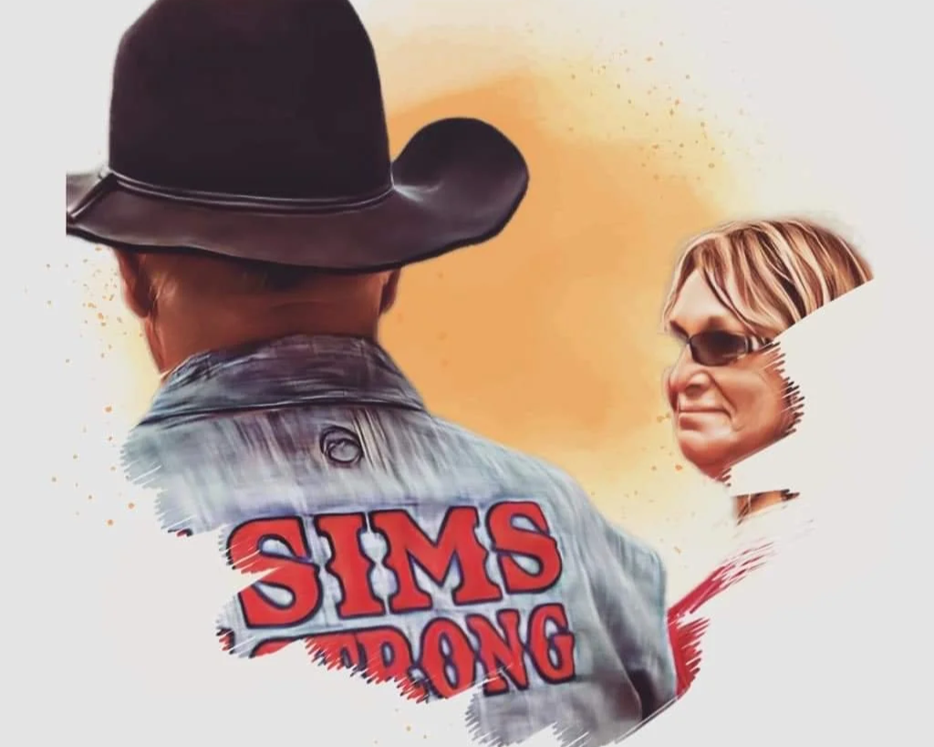 Back of a man wearing a cowboy hat and a denim jacket with the text 'Sims Strong' on the back, facing a woman with blonde hair and sunglasses, on a light background with orange splashes.
