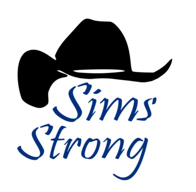 Logo featuring a black cowboy hat and the text 'Sims Strong' in blue cursive font.