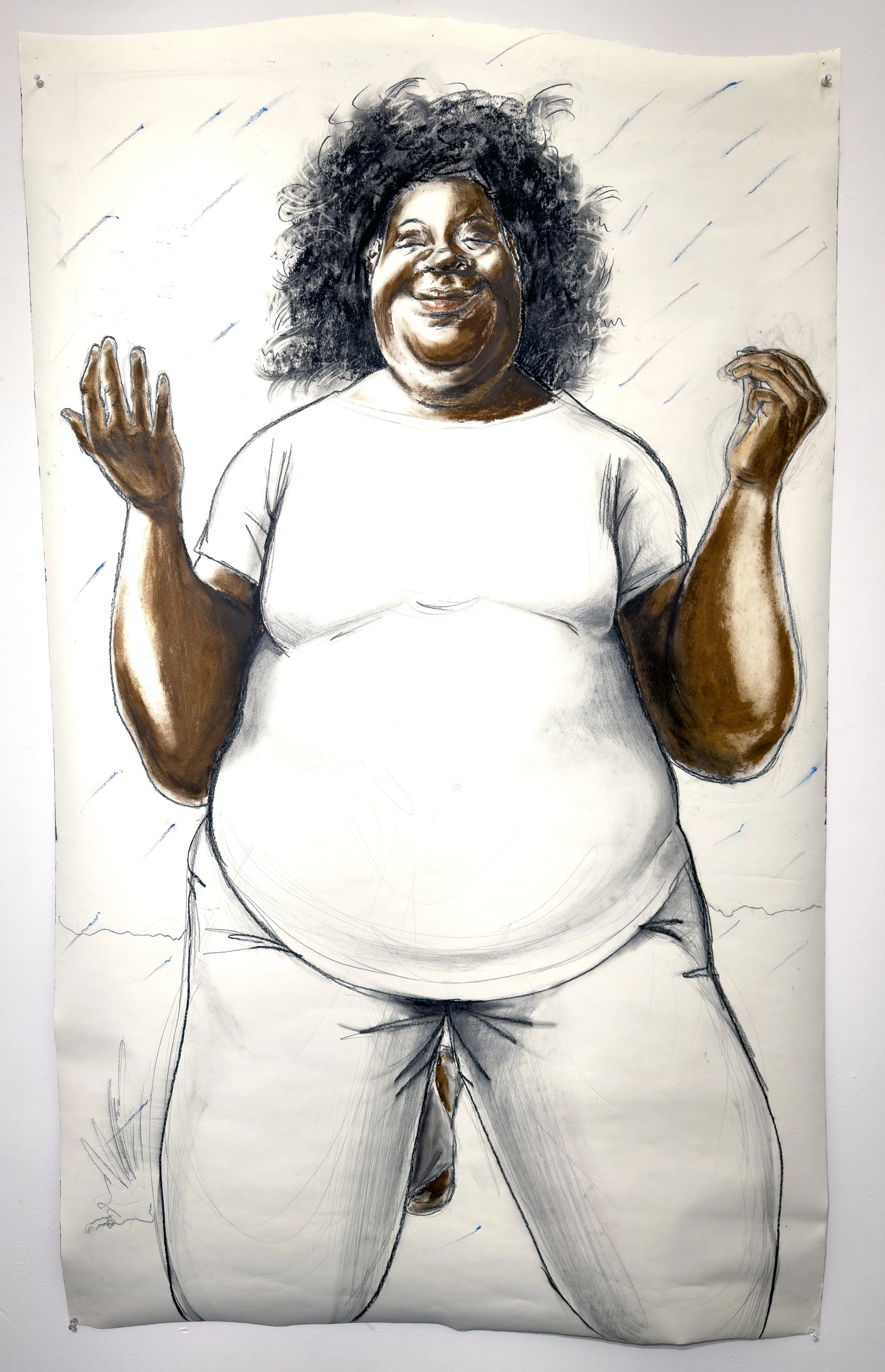 You’ll look at the sky like you did once before or Mammy cleanses in the rain, 2025

Oil pastel, charcoal on paper
58.5” x 36” in