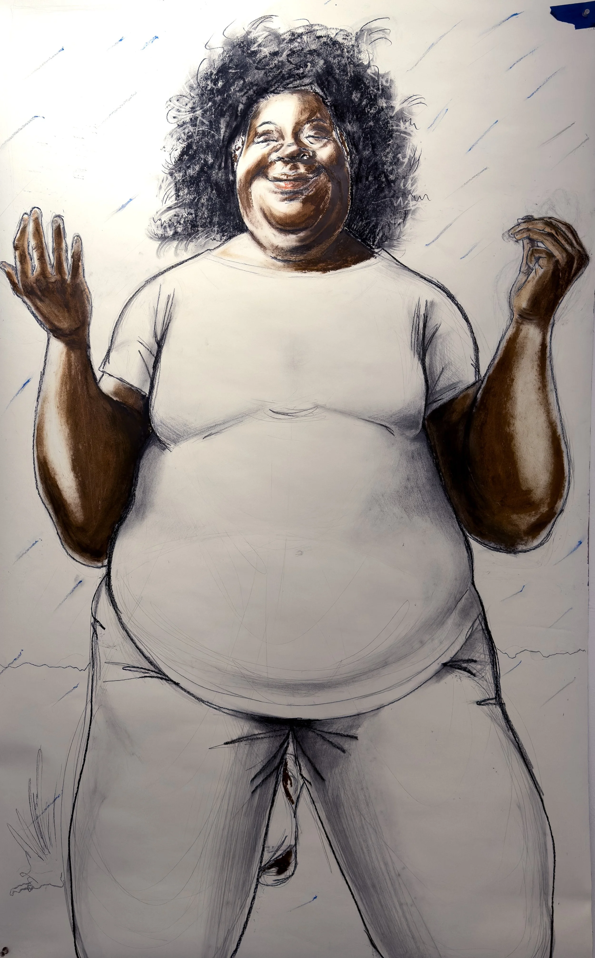 You'll look to the sky like you did once before, or Mammy cleanses in the rain, 2025

oil pastel and charcoal on paper