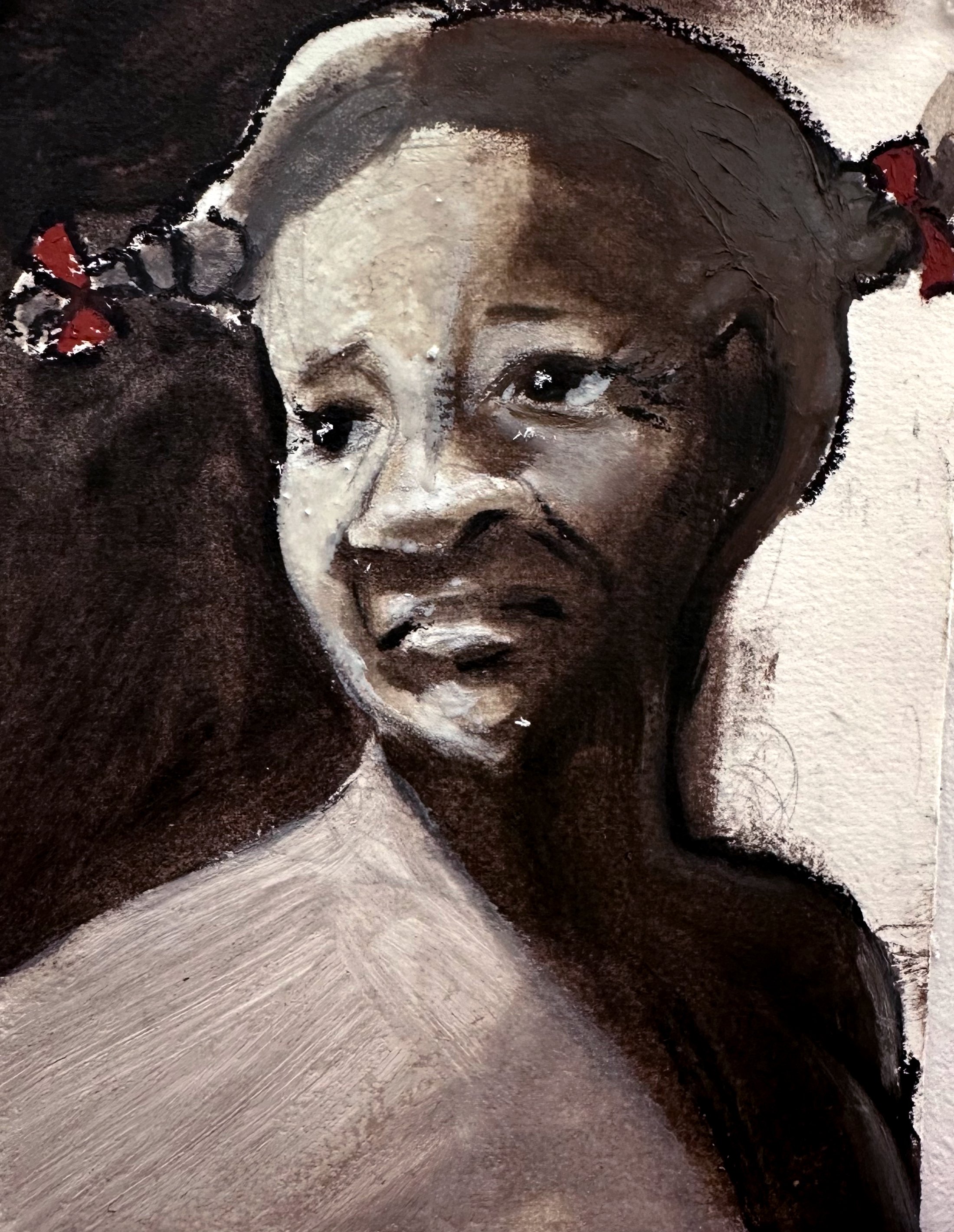 Pickaninny ages or you become too fast for the world and turn into your mother at the sweet age of thirteen, 2025

Oil and oil pastel on paper
6 x 8"in