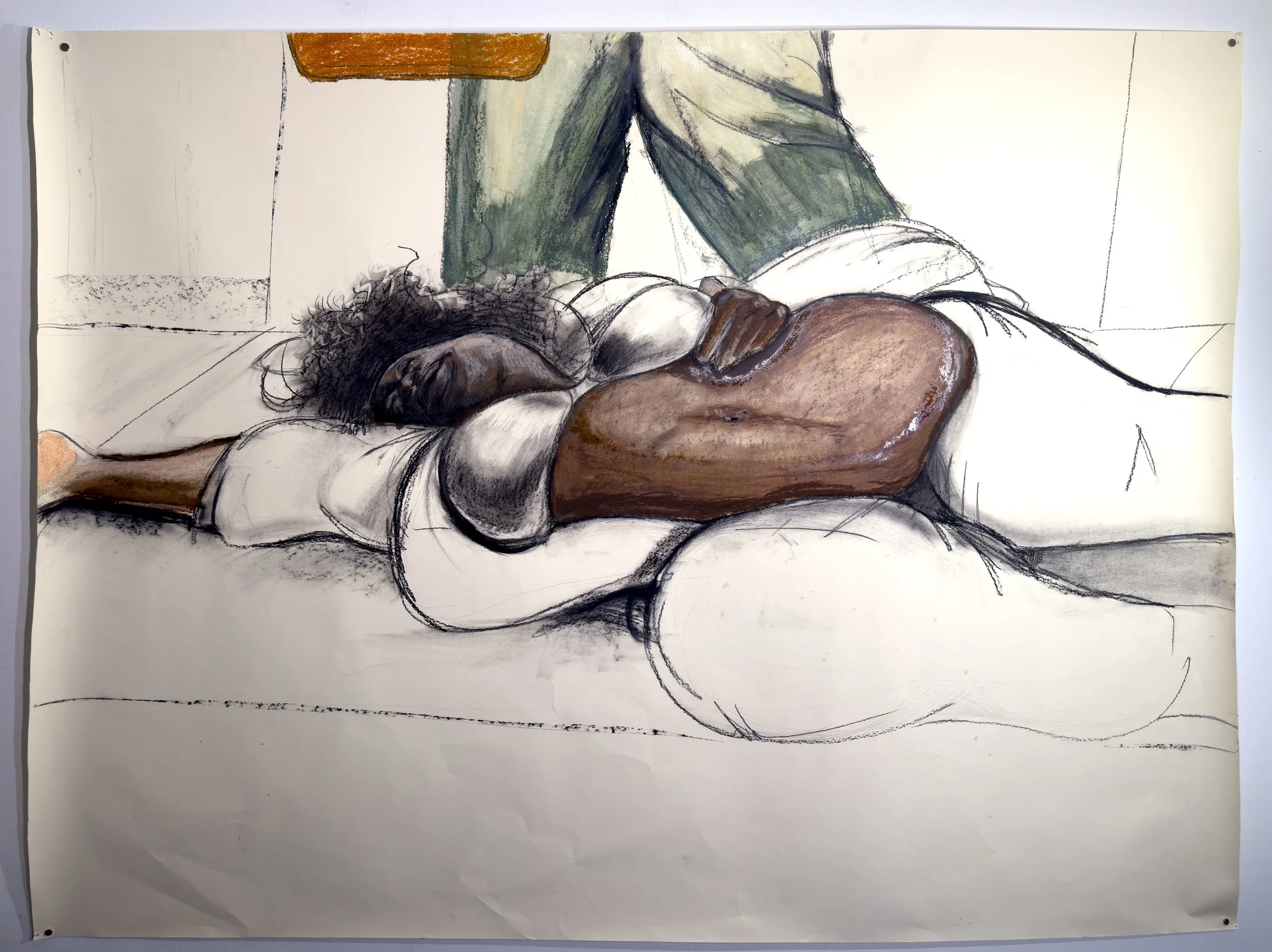 Calcified in the sun where you can’t pretend you didn’t see me lying there dying or Mammy dies, 2025

Oil pastel, charcoal on paper 
54 x 70” in