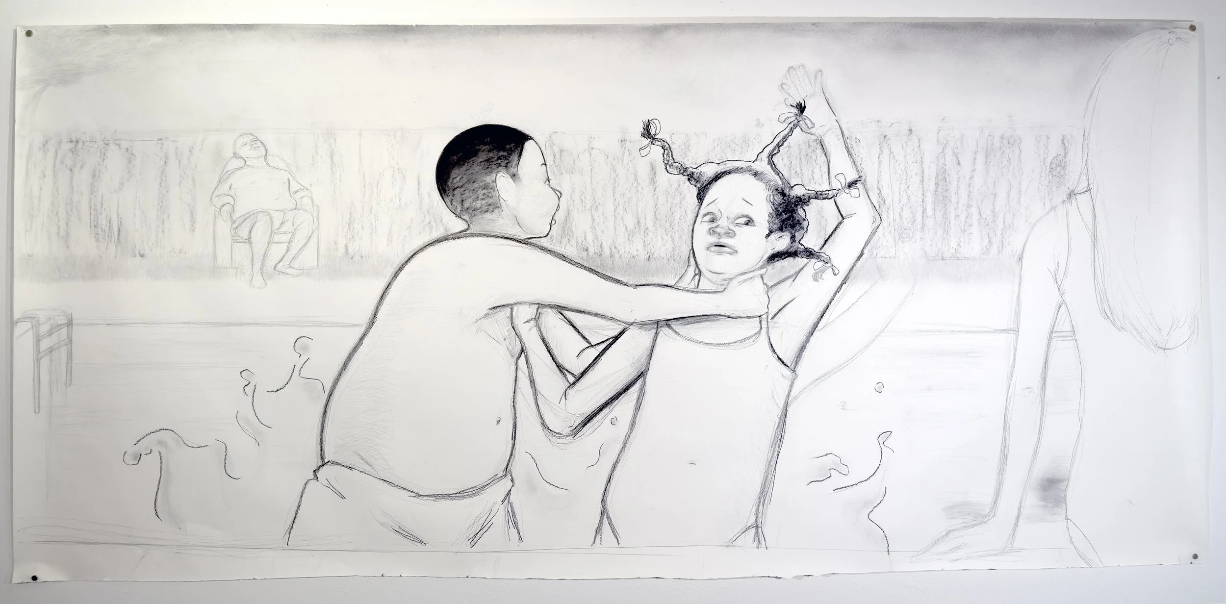 When I realized for the first time you and I were cursed, or Pickaninny gets picked on at the pool, 2026

Graphite and charcoal on paper
42” x 84” in