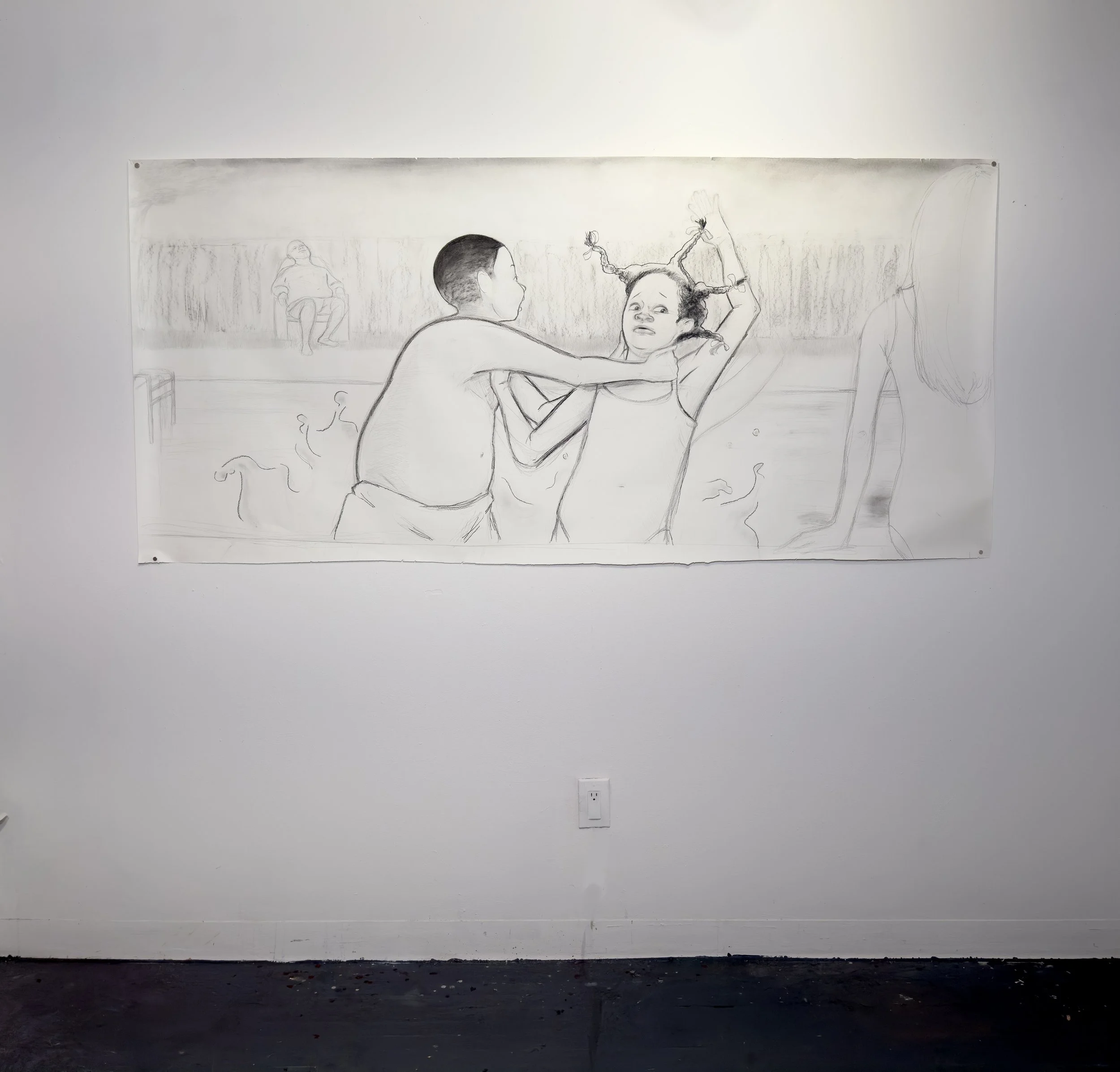 When I realized for the first time you and I were cursed, or Pickaninny gets picked on at the pool, 2026

Graphite and charcoal on paper
42” x 84” in
