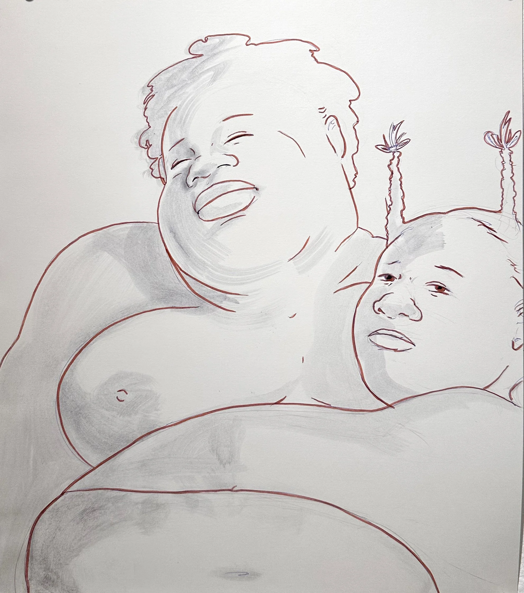 Self Portrait as Mammy and Pickaninny: death looks like sleep sometimes, 2024

Aqua brush and pen on bristol plate
14” x 17” in