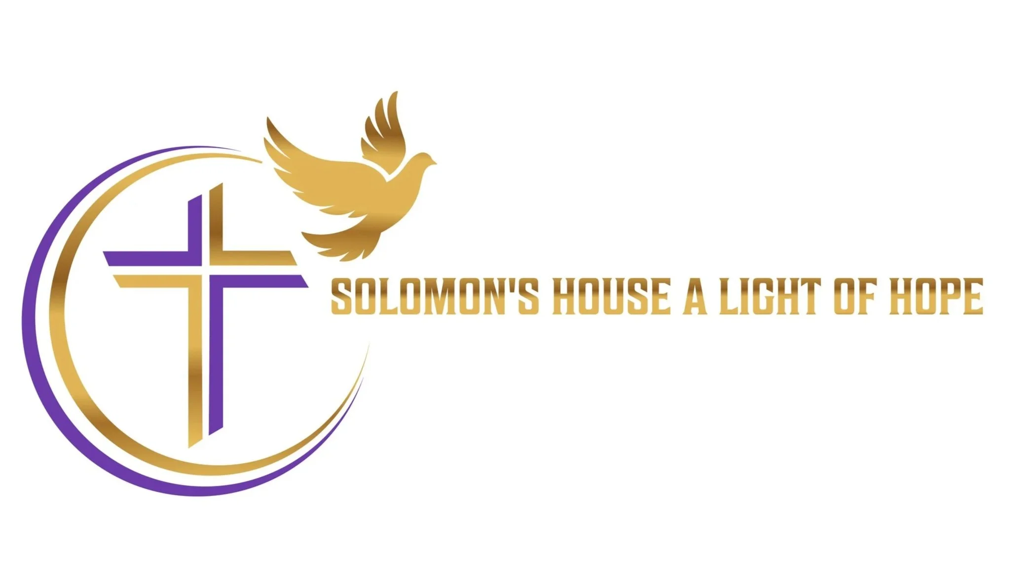 Logo featuring a gold dove, purple cross, and golden circle, with the text 'Solomon's House A Light of Hope' in gold.