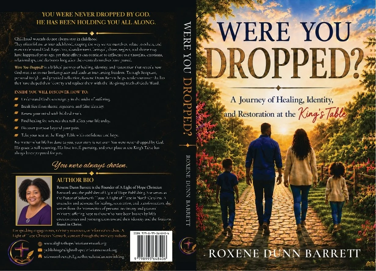 Full book jacket for Were You Dropped? by Roxene Dunn Barrett, featuring a family walking toward a sunrise at the King’s Table.