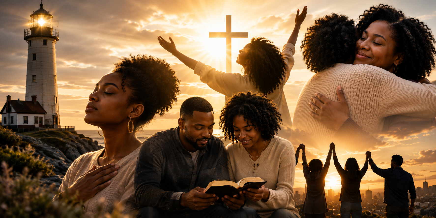 A collage of six images depicting a diverse group of people engaged in various moments of worship and fellowship outdoors at sunset, featuring a lighthouse and a city skyline.