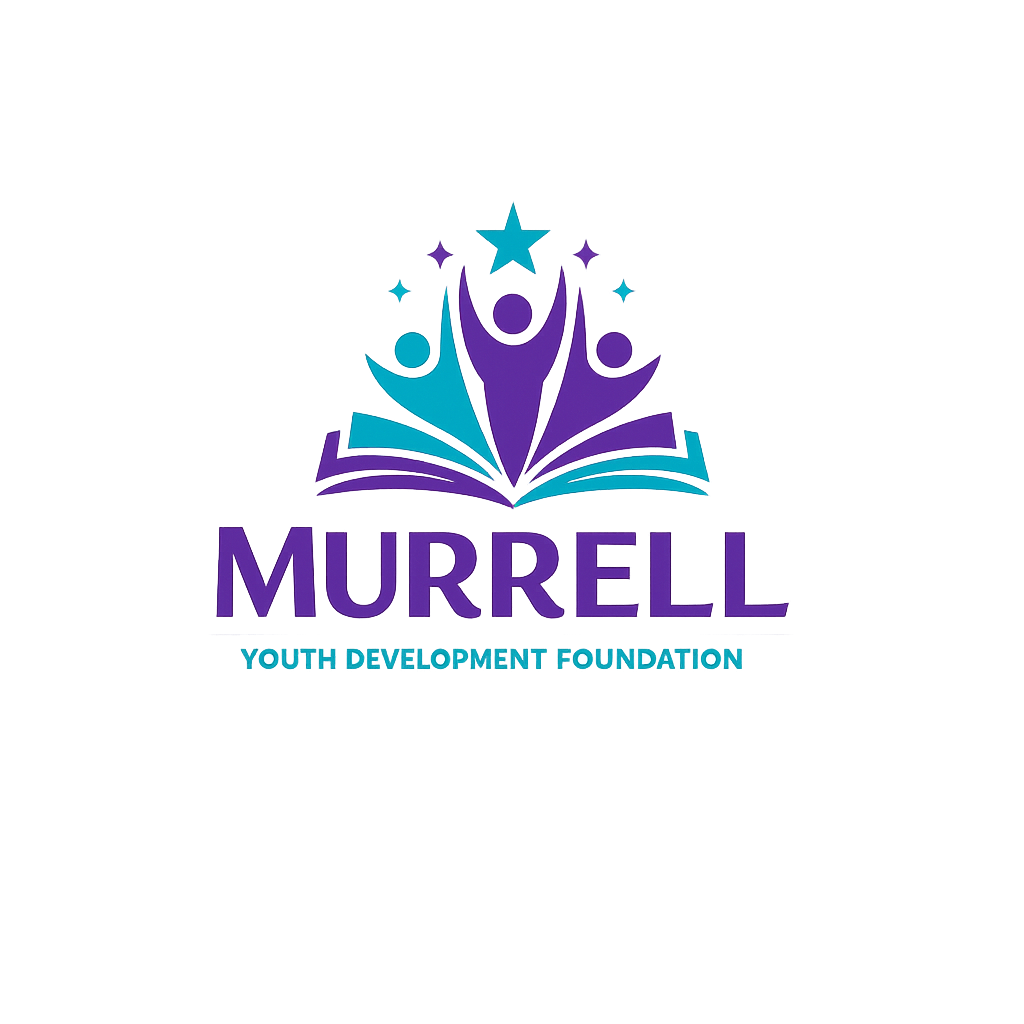Logo for Murrell Youth Development Foundation with open book, stylized people, and a star in shades of purple and blue.