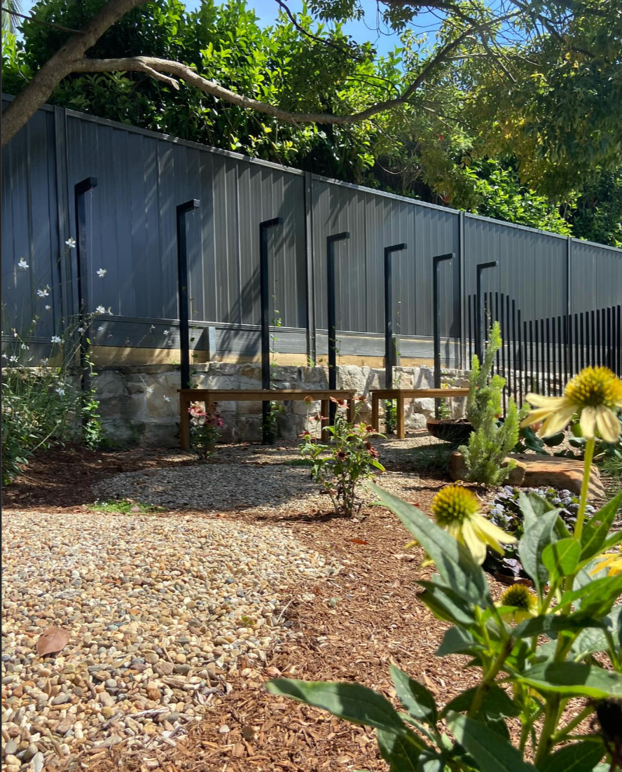 A backyard garden with a gravel path, green plants, and flowering bushes in front of a tall, dark gray metal fence, with trees and blue sky overhead.