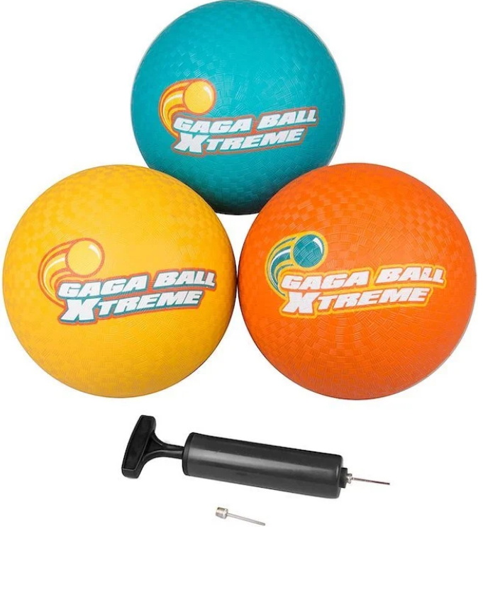 Three colorful GAGA Ball XTreme balls in blue, yellow, and orange, along with a black pump and a needle for inflating, on a white background.