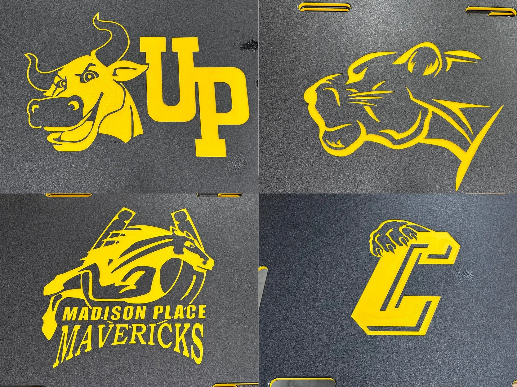 Four GagaXP panels demonstrating the ability to add school or organizational logos in yellow on the black panels