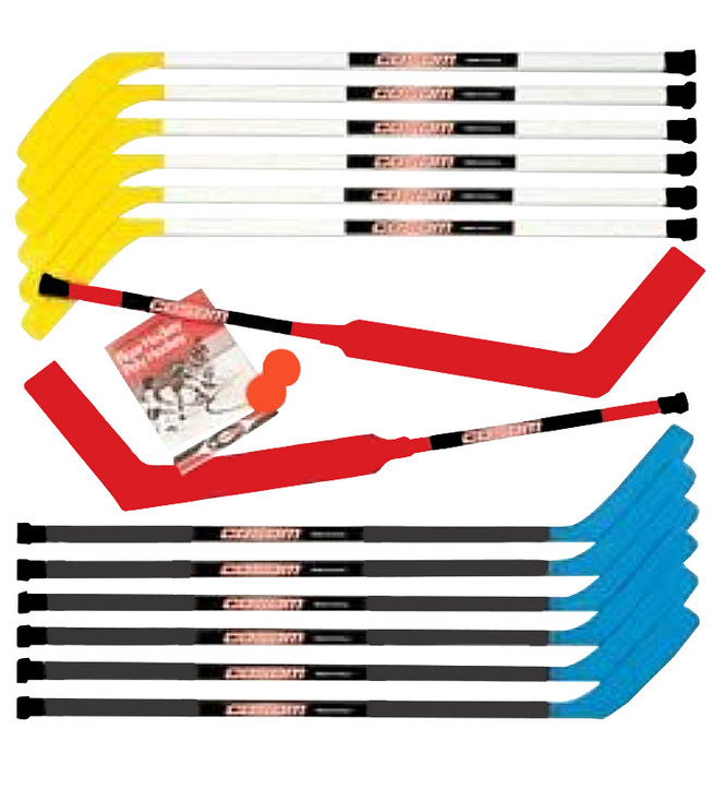 A set of mini hockey sticks with yellow, red, and blue handles, a hockey puck, and a small hockey card.