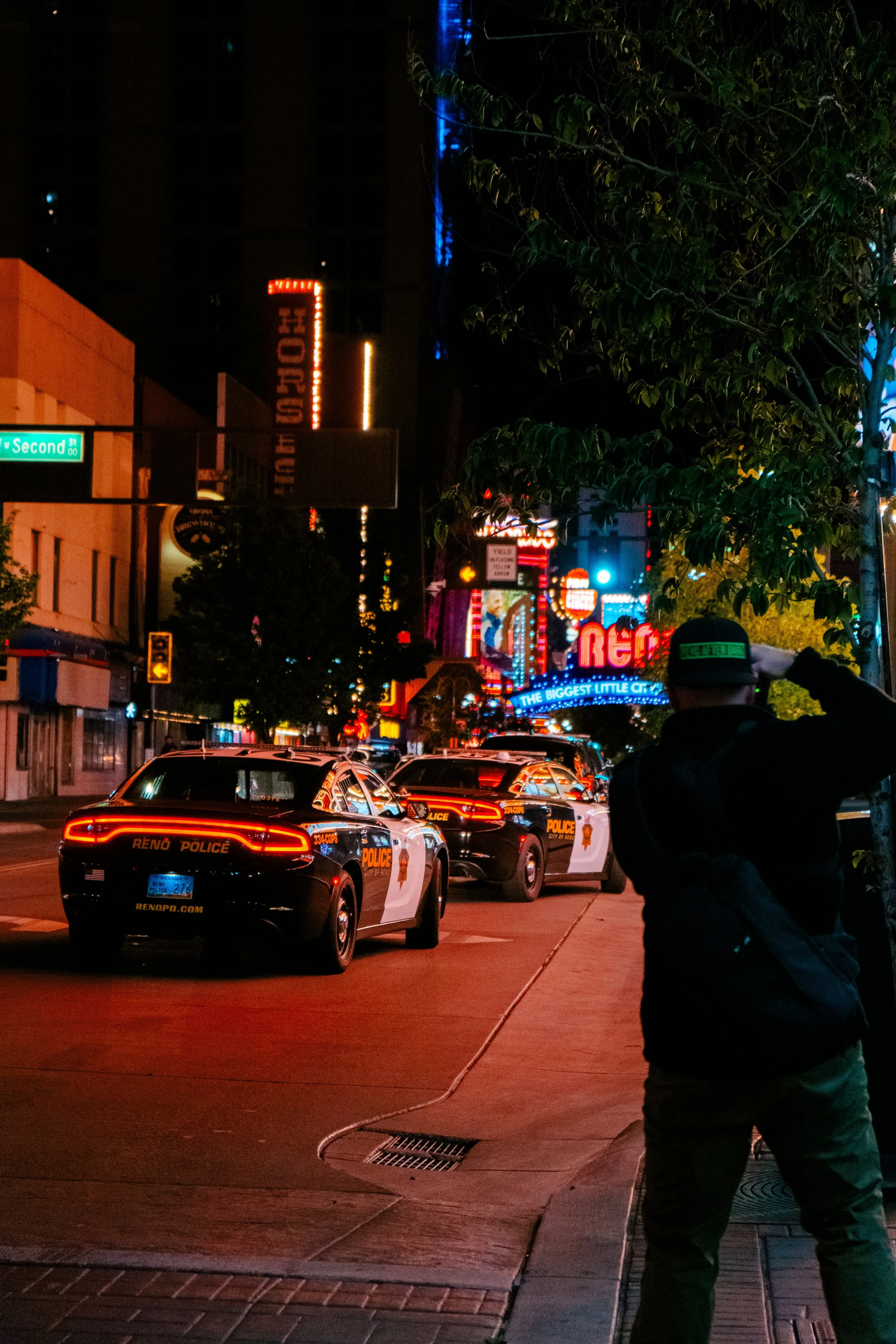 Night scene on a city street with police cars parked along the curb, neon signs illuminating the background, and a person standing on the sidewalk saluting or shielding their eyes, wearing a cap and a backpack.