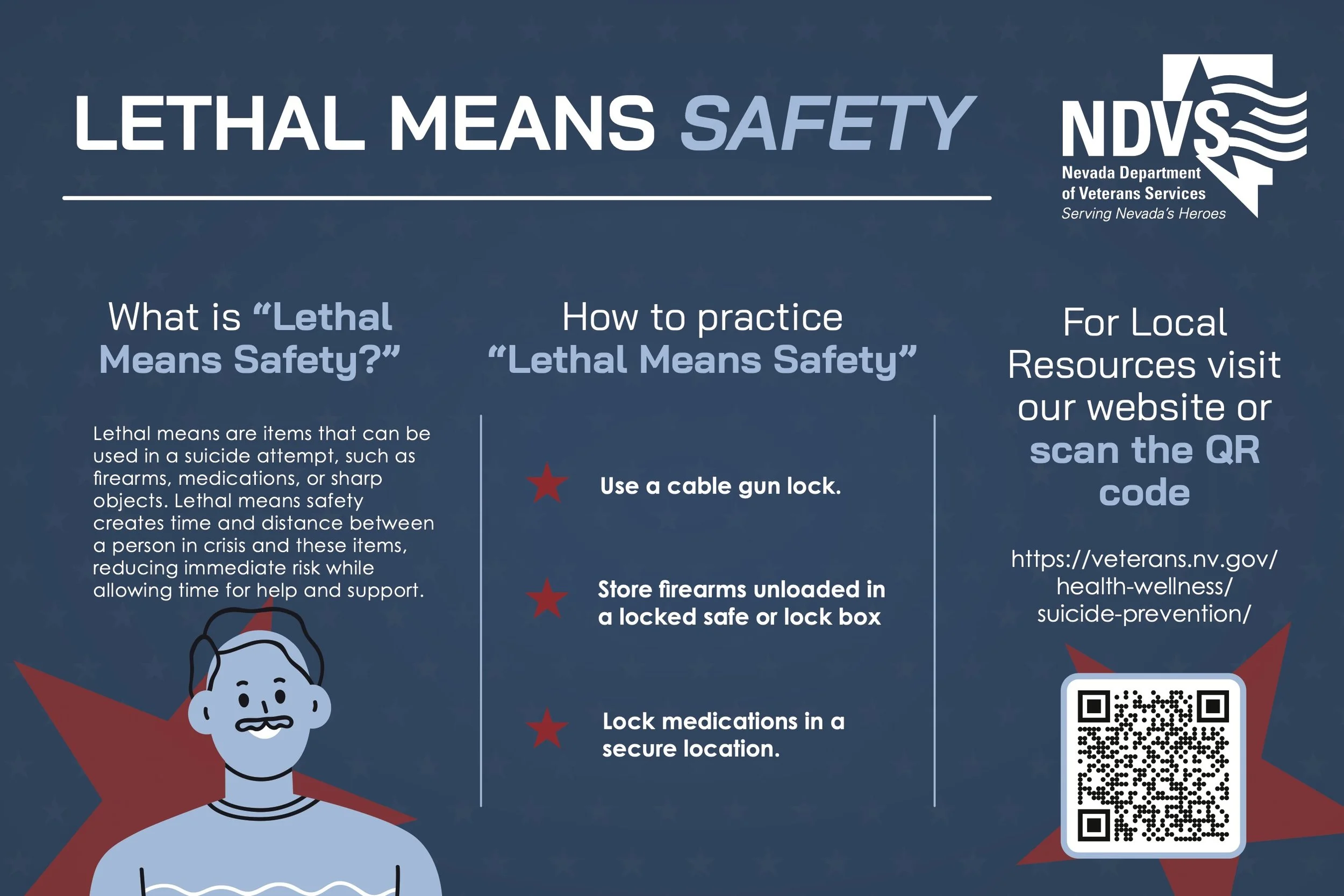 Infographic with safety tips from the Nevada Department of Veterans Services about handling lethal items, securing firearms, and locking medications, with a QR code and a cartoon illustration of a boy.